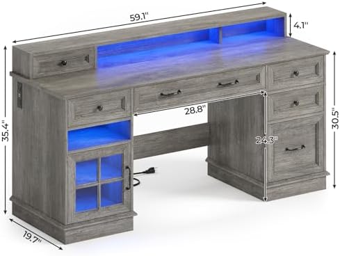 BTHFST 59.1" Executive Desk with File Drawer, Charging Station, Grey - Image 2