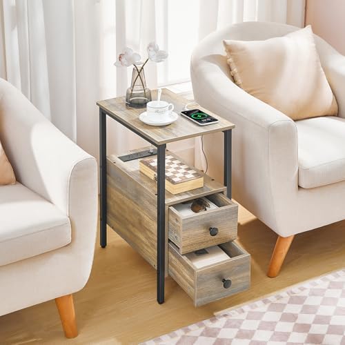 HOOBRO End Table with Charging Station, Narrow Side Table with 2 Drawer & USB Ports & Power Outlets, Nightstand for Small Spaces, for Living Room, Bedroom, Sapphire Brown UC541BZ01 - Image 2