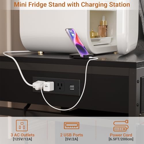 Unikito Mini Fridge Stand with Drawer Storage & Power Outlet, Black - Image 3