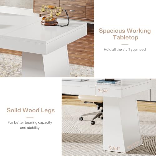 Tribesigns 55 Inches Executive Desk, Mid-Century Modern Home Office Desk, Wood Computer Table Business Workstation Small Conference Table, White - Image 5