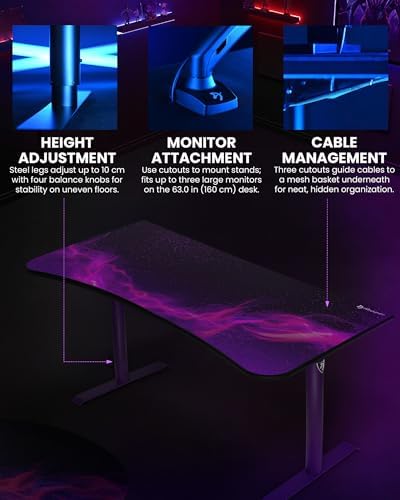 Arozzi Arena Special Edition Ultrawide Curved Gaming and Office Desk with Full Surface Water Resistant Desk Mat Custom Monitor Mount Cable Management Cut Outs - Purple Galaxy - Image 5