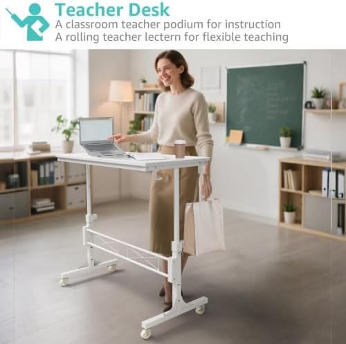 WINAZ Rolling Standing Desk with Wheels, 32" Adjustable Height Small Portable Teacher Desk for Classroom, Mobile Treadmill Walking Pad Table for Laptop, Compact White Home Office Workstation - Image 4
