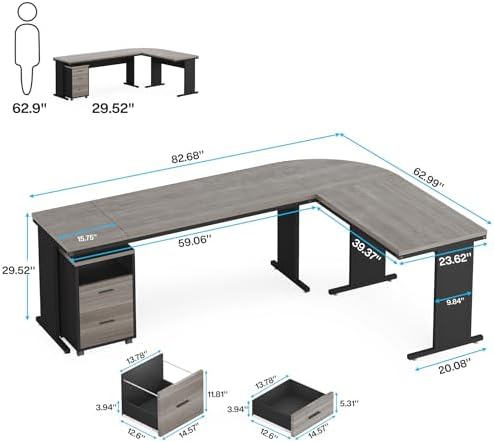 Tribesigns 83" L-Shaped Executive Desk, Large Office Desk with Drawes, Industrial Corner Computer Table with File Cabinet, Business Workstation for Home Office (Gray, 83") - Image 2