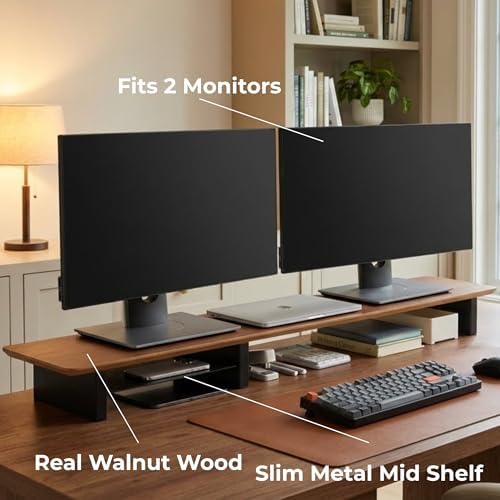 Walnut Monitor Stand for Desk (44 Inch) Large Monitor Stands for 2 Monitors, Desk Shelf for Top of Desk Walnut Monitor Shelf - Image 3