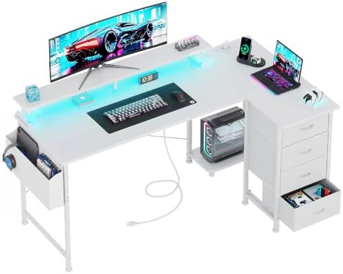 VERMESS 63" Reversible L Shaped Gaming Computer Desk, Corner Desk with Power Outlets & Monitor Stand, Writing Study Table with 4 Storage Drawers, Desk with LED Lights, White by VERMESS