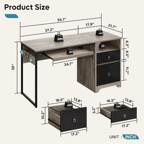 Bestier 55Inch Modern Fluted Desk with Drawers & Keyboard Tray, Grey - Image 3