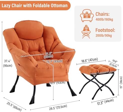 Furlide Lazy Chair with Ottoman, Soft Comfy Chair for Bedroom, Orange - Image 2