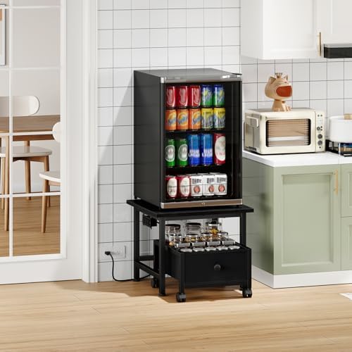 HOOBRO Mini Fridge Stand with Non-Woven Storage Basket and Power Outlet, Mini Fridge Cabinet with Wheels and Adjustable Feet, Mobile Fridge Shelf, for Home, Apartment, Dorm, Black BB355UBX01 - Image 2