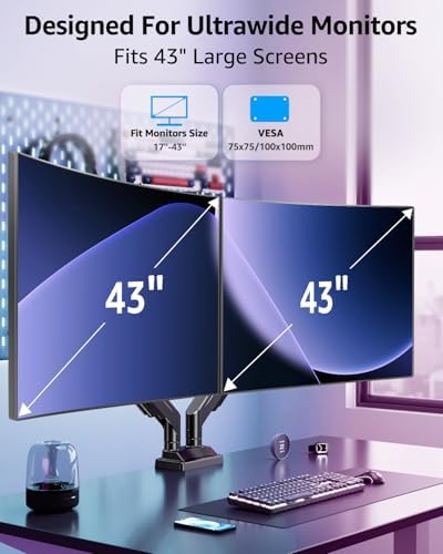 MOUNTUP Dual Monitor Stand for Max 43 inch Screens, Ultrawide Monitor Arm Height Adjustable, Heavy Duty Dual Monitor Mount, Full Motion Premium Monitors Arm, Holds 2.2 to 33 lbs, VESA Desk Mount - Image 2