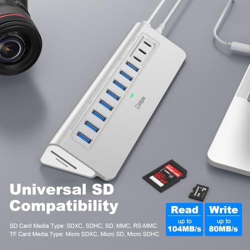 Powered USB Hub 10Gbps, intpw YH9AC Plus 13-Port USB 3.2 Hub(USB A/USB C 3.2+6 USB-A 3.0+2 PD 45W Fast Charging Ports+SD/TF Card Reader), 65W Power Adapter,Aluminum USB HUB for PC/Laptop,iPhone 17/16 - Image 5