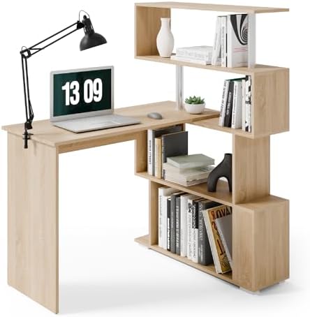 Mondeer Corner Desk, L Shaped Desk with Rotatable Storage Shelves, Oak by Mondeer