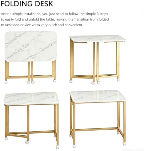 JSB Folding Desk for Small Spaces,Mobile Portable Rolling Laptop PC Table on Wheels,Foldable Computer Desk for Home Office,Bedroom,Dorm,Space Saving (White&Gold, 23.6") - Image 5