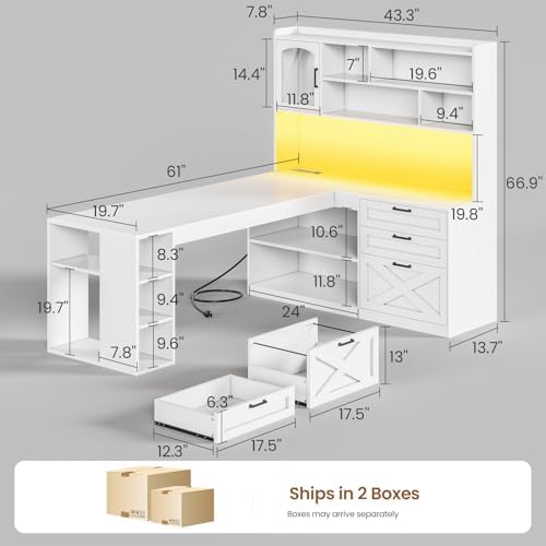 SEDETA Farmhouse 61” L Shaped Office Desk with Drawers, Storage Shelves - Image 2