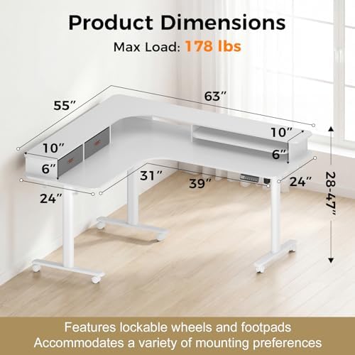2-Tier L Shaped Electric Standing Desk with Drawers, 63 x 55 Height Adjustable Desk with Memory Controller, Storage, Ergonomic Corner Desk Sit Stand up Computer Table for Home Office, White - Image 3