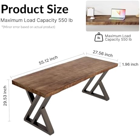Solid Wood Desk 55 inches, Home Office Computer Desk Wooden Rustic Writing Desk Metal Modern Simple Design Executive Real Wood Desk(Rustic Brown) - Image 2
