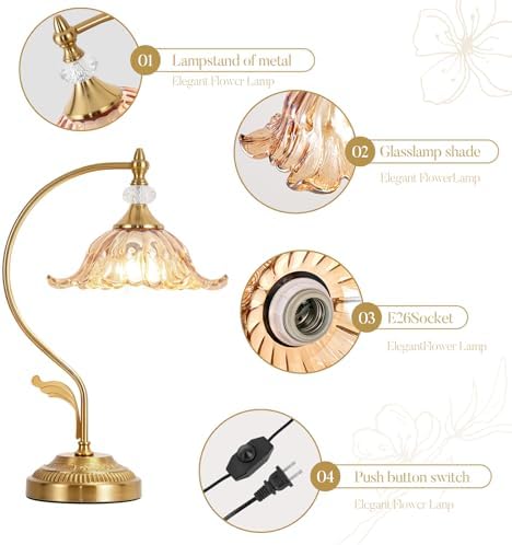 Vintage Floral Table Lamp, Plug in Mid-Century Modern Desk Lamp with Amber Glass Shade, Gold Bedside Table Lamp Dimmable for Bedroom Living Room Home Office, E26 Base, UL Listed - Image 4