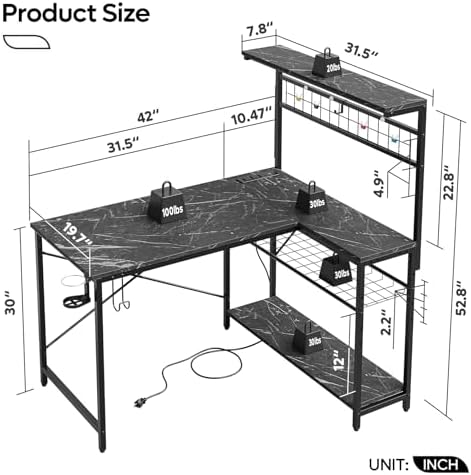 Bestier 42 Corner Computer Desk with Power Outlets LED Lights, Black Marble - Image 3