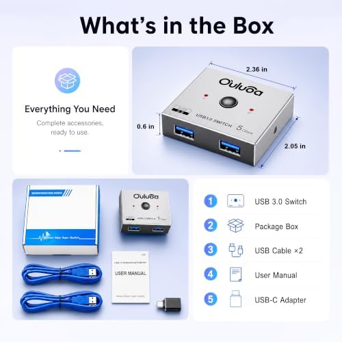 USB3.0 Bi-Directional Switch,1 in 2 Out/2 in 1 Out Sharing Switch,5Gbps Driver-Free Plug&Play for 2 PCs Share Keyboard,Mouse,Printer,Scanner,Includes 2PCS 3.9FT A to A Cables - Image 5