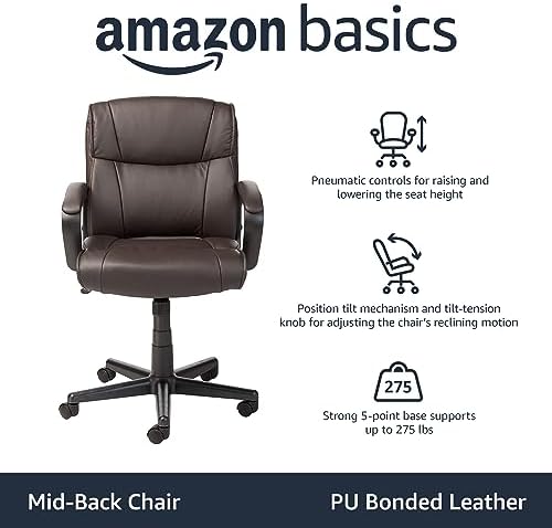 Amazon Basics Office Task Chair with Adjustable Height, 360° Swivel, Padded Armrests, Mid-Back, Rolling, 275 Pound Capacity, 24"D x 24.2"W x 34.8"H, BIFMA Certified, Dark Brown Faux Leather - Image 4