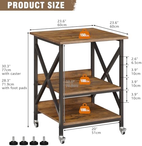 VENNQD 23.6 x 23.6 x 30.3 Inches Printer Stand, Large Printer Table with Adjustable Middle Shelf, Rolling Printer Cart with Wheels, 3 Tier Printer Table for Home Office Scanner Fax, Rustic Brown - Image 3