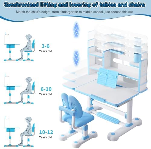 Kids Study Desk and Chair Set, Height Adjustable Children’s Table with Bookshelf & Drawer, 50‑Degree Tiltable Desktop, Ergonomic Chair for Bedroom Blue - Image 5