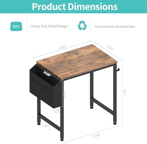 Lufeiya Small Desk for Small Spaces, 24 Inch Kids Girls Study Writing Mini Desks for Bedroom, Simple Modern Laptop PC Little Side Table with Storage Bag Headphone Hooks, Rustic Brown - Image 3