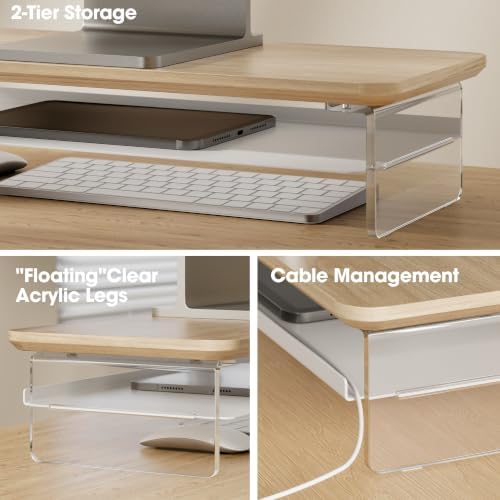 Fenge 23.6" Monitor Stand with Clear Acrylic Legs, Oak - Image 3