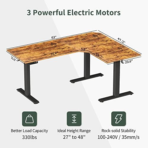 FEZIBO Triple Motor 63" L Shaped Standing Desk, Electric Standing Gaming Desk Adjustable Height, Corner Stand up Desk with Splice Board, Black Frame/Rustic Brown Top - Image 2