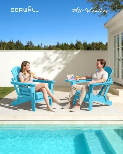 SERWALL Folding Adirondack Chair with Cup Holder, Outdoor Patio Chair, Light Blue - Image 2