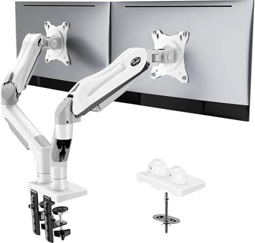 HUANUO Dual Monitor Stand - Full Adjustable Monitor Desk Mount Swivel Vesa Bracket with C Clamp, Grommet Mounting Base for 13 to 32 Inch Computer Screens - Each Arm Holds 4.4 to 19.8lbs - White by HUANUO