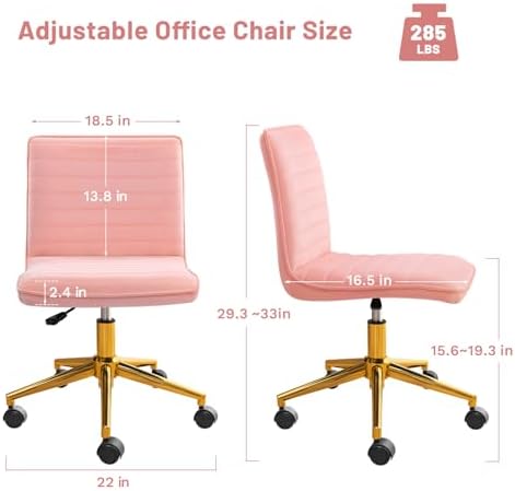 Furniliving Armless Vanity Chair with Wheels, Computer Rolling Desk Chair with Back, Pink Office Chair with Height Adjustable Soft Velvet Fabic Gold Metal Base Stool,Pink - Image 2