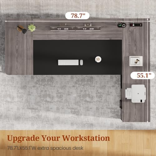 UPOSOJA 78.7" Executive Desk, Large Office Desk with Drawers & Storage Shelves, Modern L Shaped Computer Desk Corner Desk with Power Outlets, File Cabinet, Business Furniture Desk Workstation (Grey) - Image 5