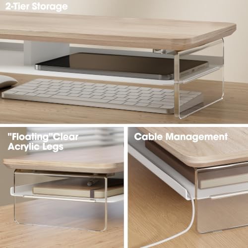 Fenge 42.5" Dual Monitor Stand with Clear Acrylic Legs, Oak - Image 3