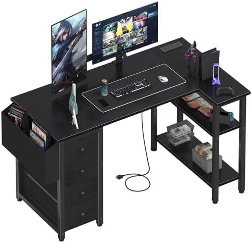 Lufeiya L Shaped Gaming Desk with Power Outlet, 47 Inch Reversible Corner Computer Desk with Drawers & Storage Shelves for Home Office Bedroom, L-Shaped Teen PC Desks with Fabric Drawer, Black by LUFEIYA