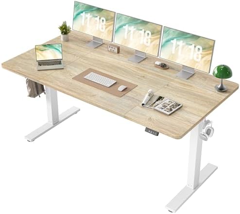 TIQLAB Electric Height Adjustable Standing Desk 71 * 30 inch, Sit Stand Desk with Splice Board, Memory Controller, White Frame & Maple Top Computer Workstation for Home Office by TIQLAB
