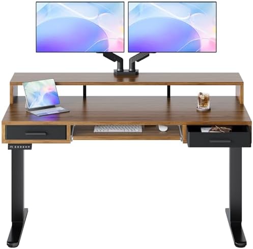 HUANUO 55″ x 26″ Electric Standing Desk with 2 Drawers &24.4″ Large Keyboard Tray, C-Clamp Mount Compatible, Adjustable Computer Desk for Office, Sit Stand Up Desk with 4 Height Presets, Deep Walnut by HUANUO