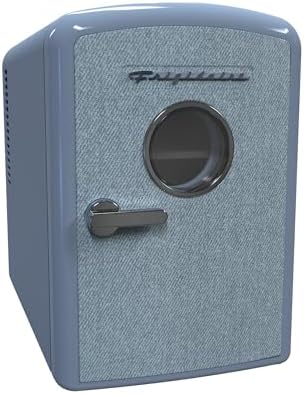 Frigidaire Mini Personal Fridge Cooler, 1 Gal Capacity fits 9 Cans, Includes Plugs for Home Outlet & DC Charger - 9.84" D x 7.09" W x 10.35" H, Light Washed Denim Fabric Door - Image 2