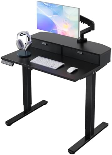 HUANUO 32" X 21" Electric Standing Desk with 2 Drawers, C-Clamp Mount Compatible, Height Adjustable Computer Desk, Home Office Stand Up Desk with 4 Preset Heights & 2 Hooks, Black by HUANUO
