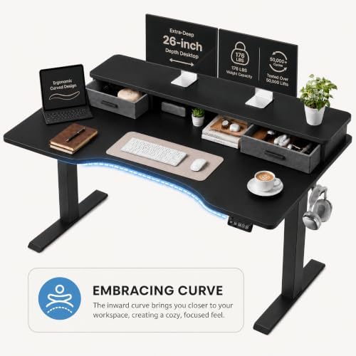 Grandder Electric Standing Desk with Two Drawers, Curved Sit to Stand Up Height Adjustable Desk with Storage Shelf for Home Office, 47 * 26 Inch, Study, Ergonomic Adjustable Computer Desk, Black - Image 4