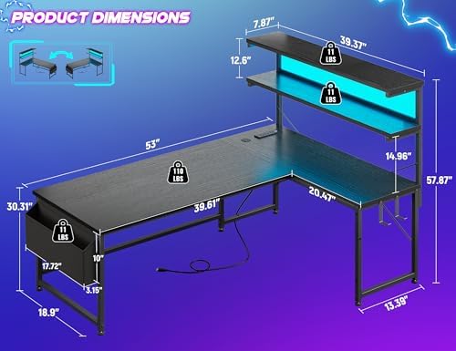 DurayLoly 53" L Shaped Gaming Desk with No Side Bar Shelf for Small Space - Image 3