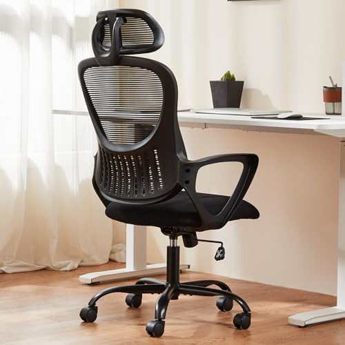 Sweetcrispy Office Computer Desk Chair, Ergonomic High-Back Mesh Rolling Work Chairs with Wheels and Adjustable Headrests, Comfortable Lumbar Support, Comfy Armrest for Home, Bedroom, Study,Black by Sweetcrispy