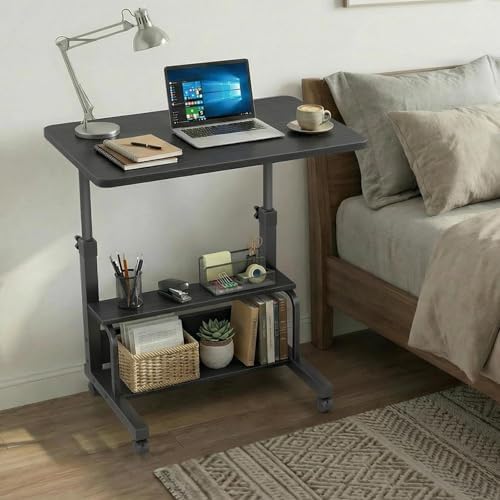WINAZ Small Portable Rolling Kids Desk - 32" Mobile Laptop Desk with Wheels for Small Spaces, Height Adjustable C Shaped Side Table with 2-Tier Storage Shelves, Black - Image 5