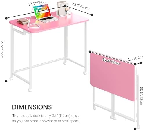 4NM 31.5" Mobile Small Rolling Computer Desk, Folding Laptop Cart Table with Wheels, Portable Office Desk for Small Space Couch Bed - Pink and White - Image 2
