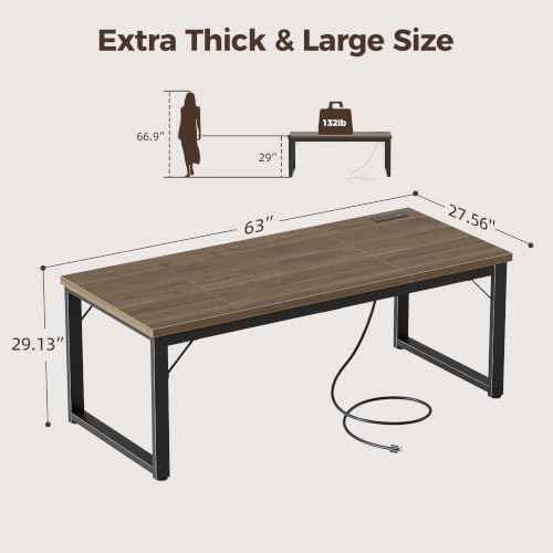 Mericonia 63x28 Inch Computer Desk w/Power Outlets, 1.2" Thick Office Table - Image 2