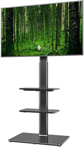 Universal Floor TV Stand with Mount for 19 to 43 inch Flat Screen TV, 100 Degree Swivel,Adjustable Height and Tilt Function, 3 Shelves Space Saving Standing TV Mount for Bedroom Living Room Corner by HEMUDU