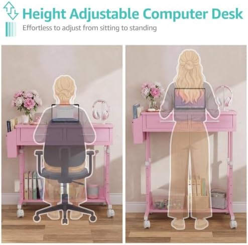 Pink Rolling Desk with Drawers, Small Height Adjustable Girls Standing Desk - Image 6