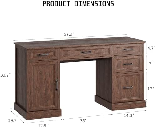 CARPETNAL 58'' Farmhouse Executive Desk with Drawers, Home Office Desk with File Drawer and Storage Cabinet, Rustic Computer Desk for Working, Studying, Writing, Brown - Image 2