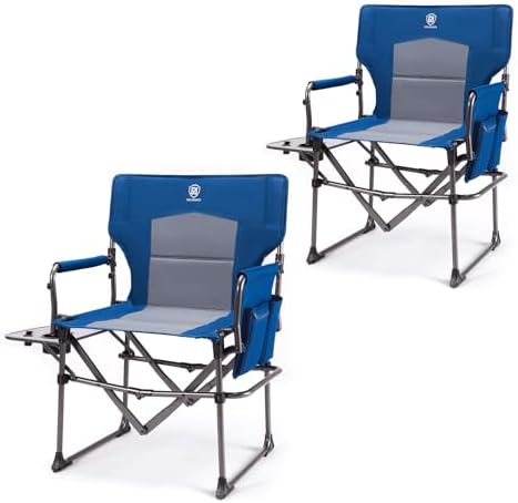 EVER ADVANCED Camping Directors' Chair with Side Table, Portable Folding Chair with Compact Size, Heavy Duty Lawn Chair with Pocket for Camping, Lawn, Sports and Fishing, 400lbs, Blue 2 Pack by EVERADVANCED