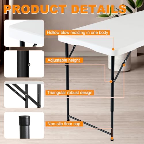 4ft Folding Table, Portable Fold-in-Half Adjustable Height Utility Table for Indoor/Outdoor Use, Durable HDPE & Steel, Stable & Lightweight, Multi-Purpose, White - Image 4