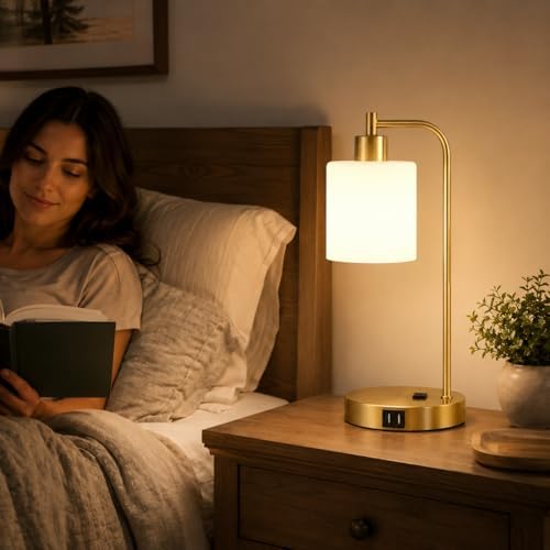 Set of 2 Industrial Touch Control Table Lamps with 2 USB Ports and AC Outlet - 3-Way Dimmable Gold Bedside Lamps Nightstand Desk Lamps for Bedroom Living Room, Opal Glass Shade & 2 LED Bulbs Included - Image 6